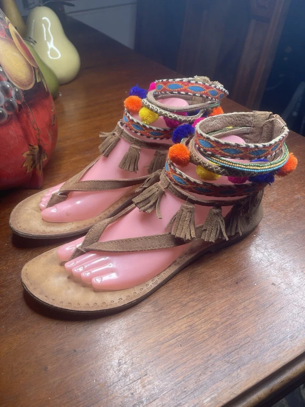 Naughty Monkey Seed Beaded Brown Suede T-Strap Gladiator Sandals Tribal Size 9M